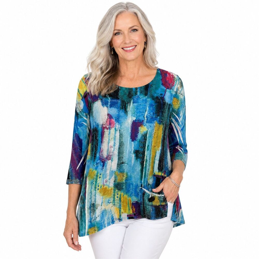 Jess & Jane Tunic Blouse Womens Small Multicolor Scoop Neck 3/4 Sleeve USA
